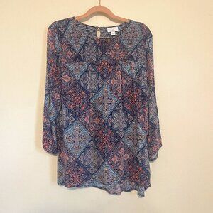 J. Jill | Blue/Pink Mosaic Design Smocked 3/4 Sleeve Boho Blouse Medium